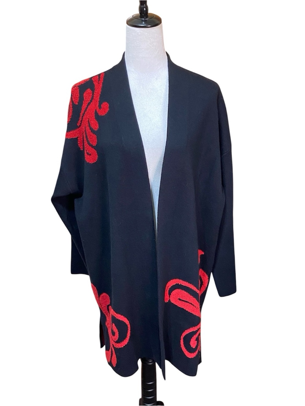 Chico’s Black Open-Front Sweater Cardigan with Red Embroidered Motif